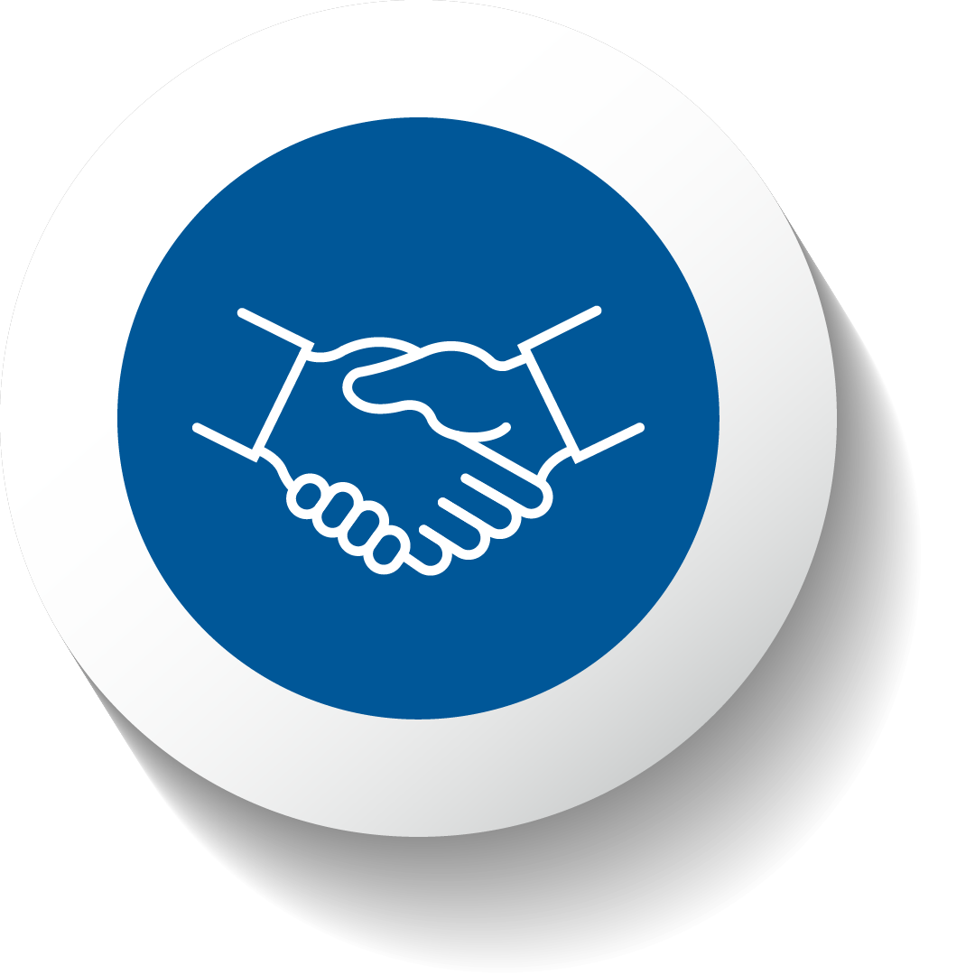 A blue logo with a white icon of 2 hands in a handshake