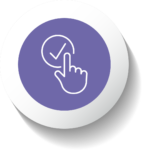 A purple circle with a white icon. The icon is a pointing hand. The hand is pointing to a tick