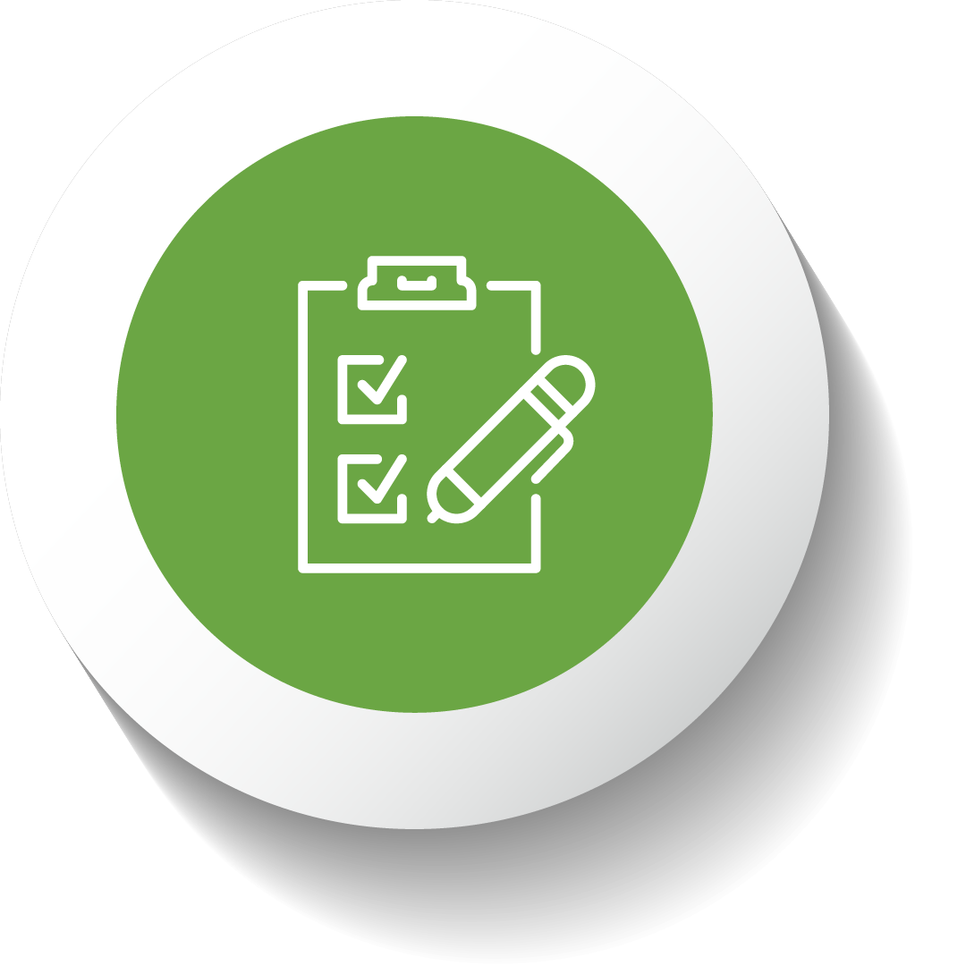 A green circle with a white icon in the middle. The icon is a clipboard and pen