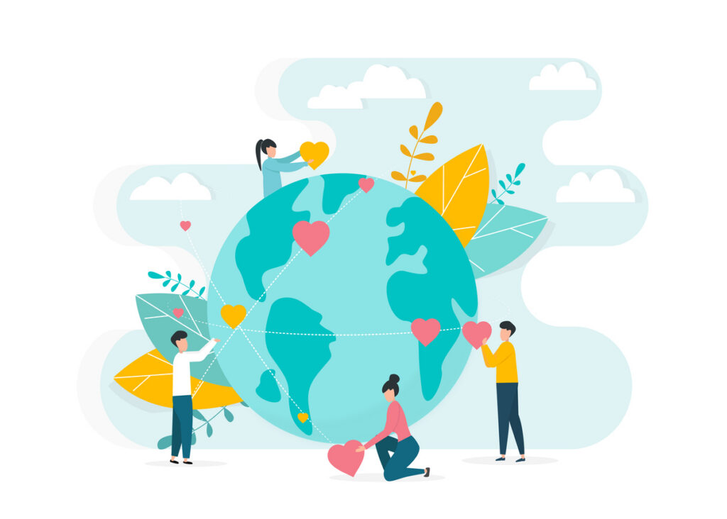 Worldwide charity work concept. People surrounding planet Earth with love and care on white background, vector illustration in2d style.
