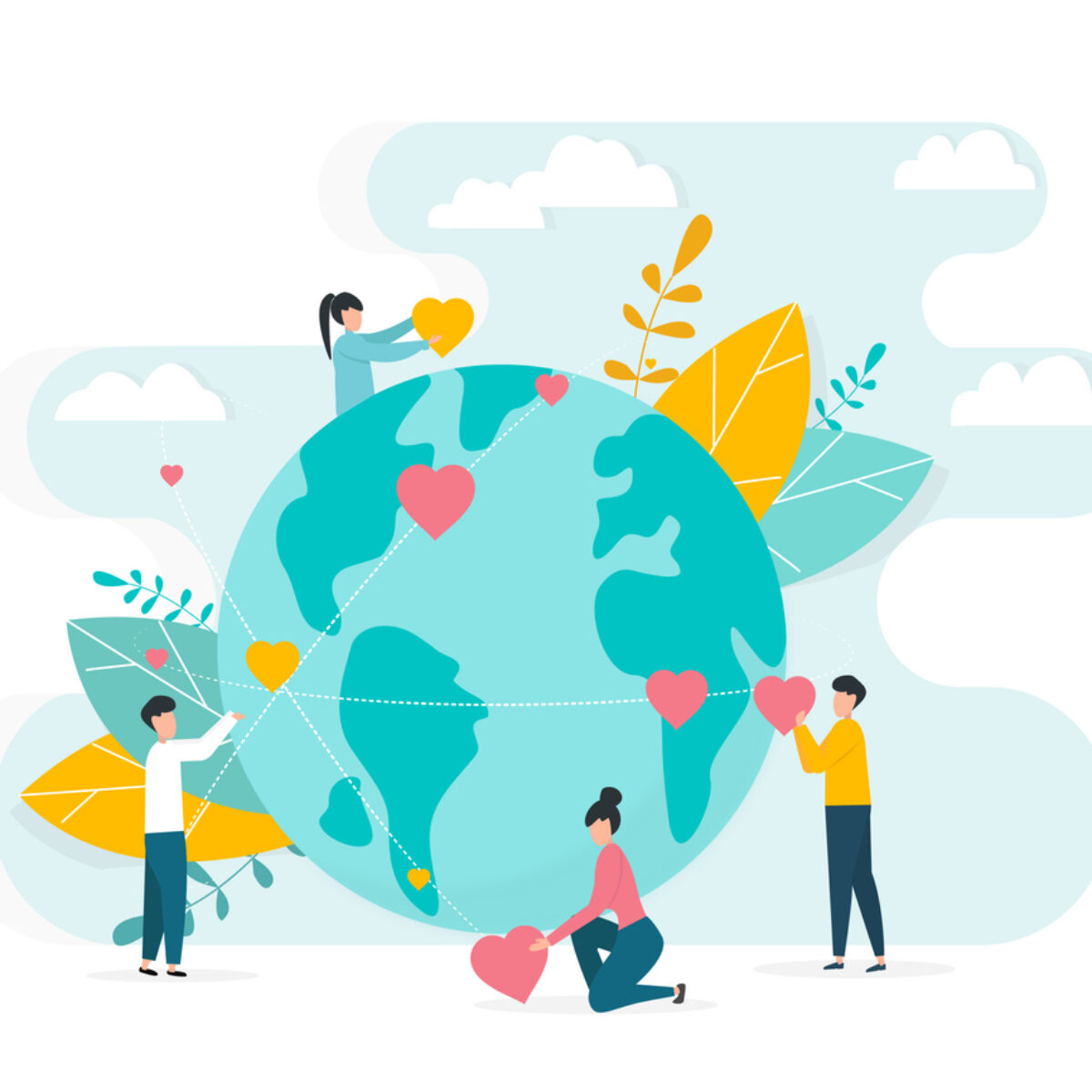 Worldwide charity work concept. People surrounding planet Earth with love and care on white background, vector illustration in2d style.
