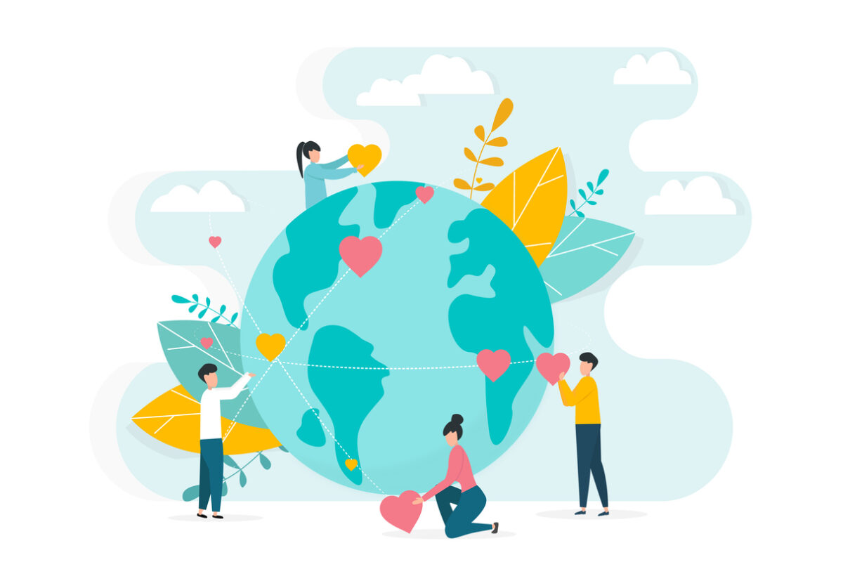 Worldwide charity work concept. People surrounding planet Earth with love and care on white background, vector illustration in2d style.