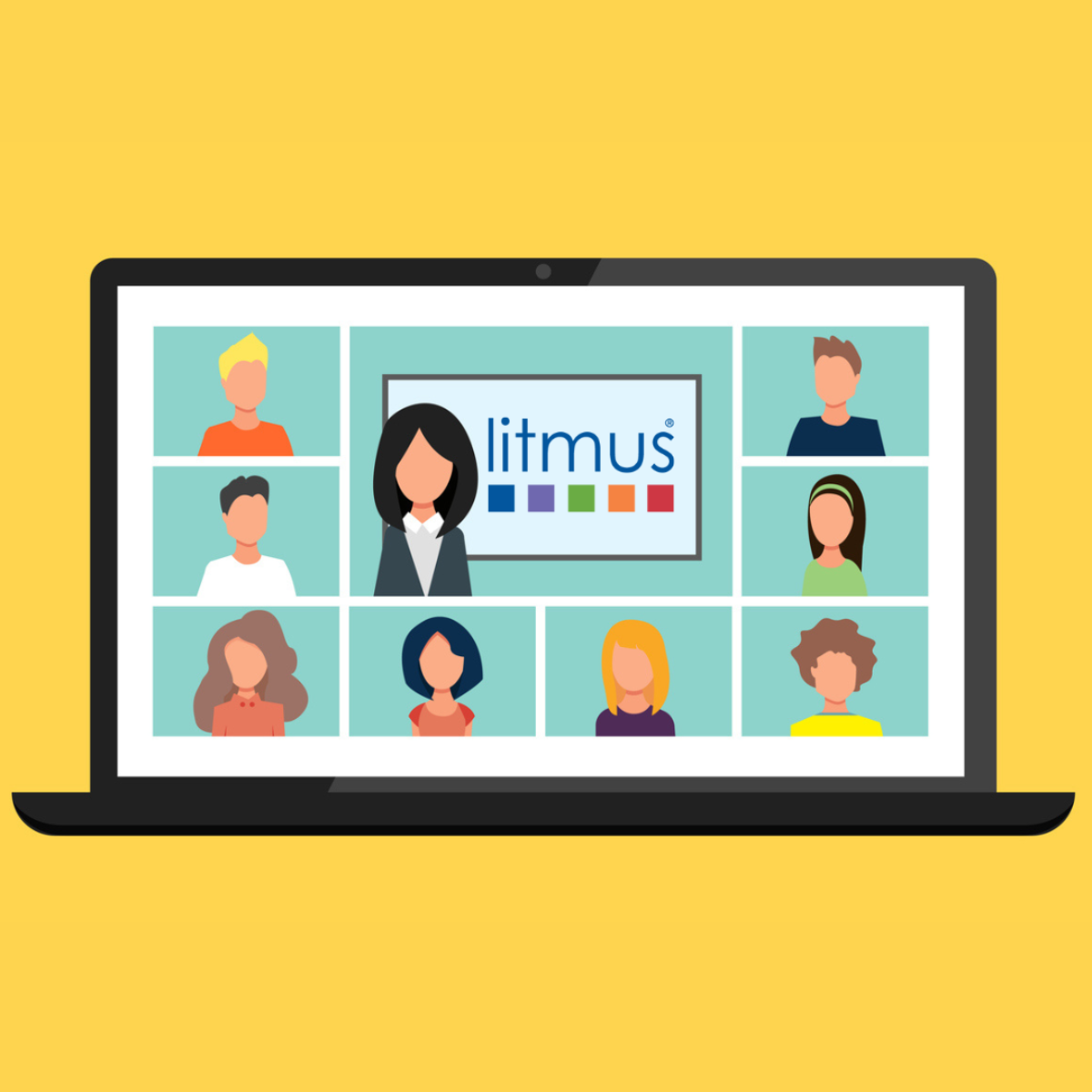 An illustration of a laptop screen with a grid of faces on a webinar. The central box shows Litmus Partnership logo