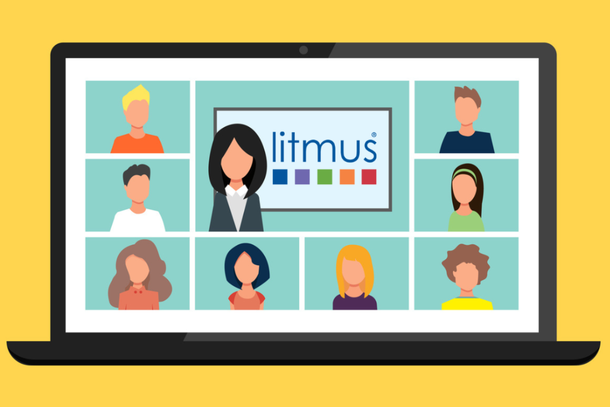 An illustration of a laptop screen with a grid of faces on a webinar. The central box shows Litmus Partnership logo