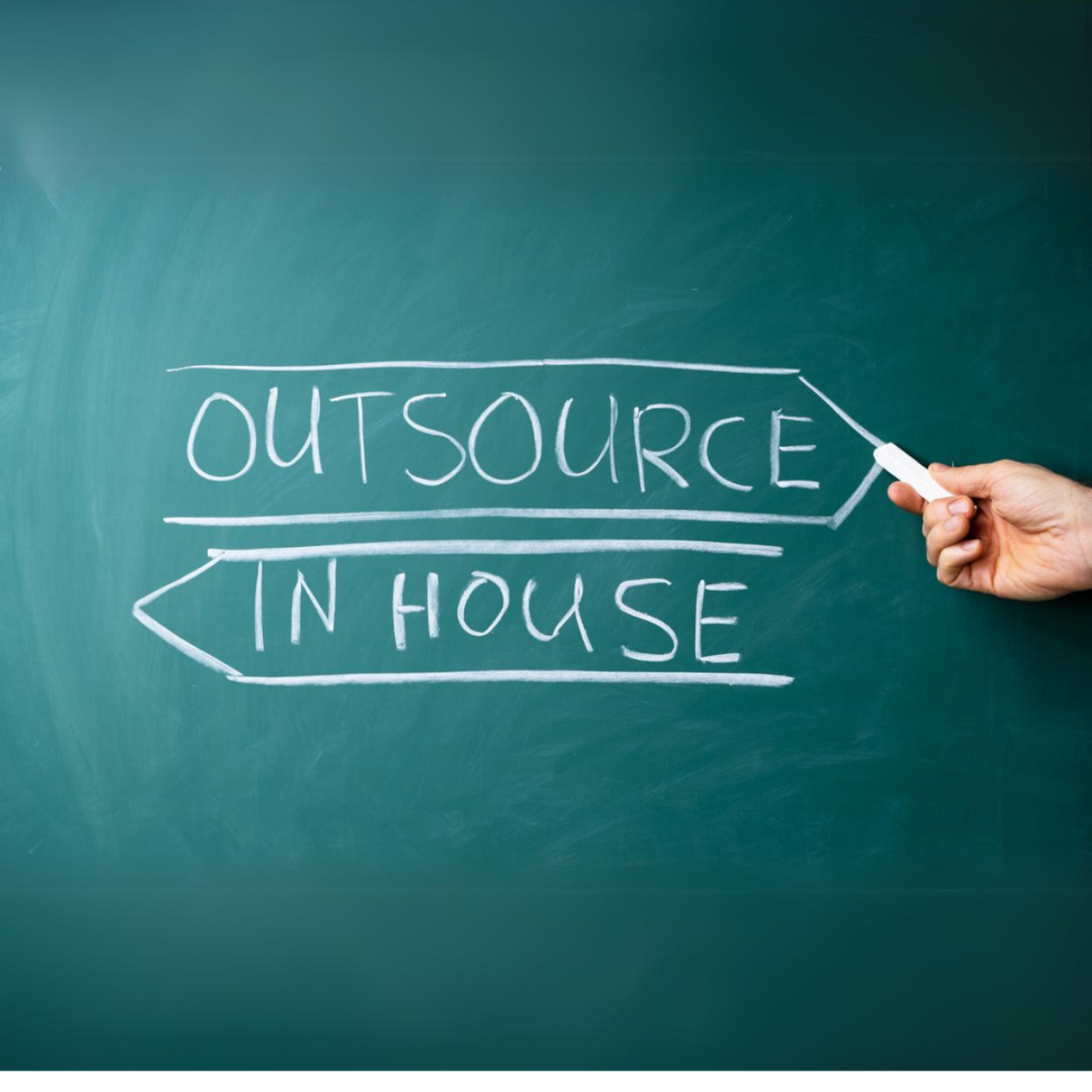 A blackboard with the words outsource and in house written in chalk