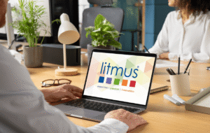 A man sat at a desk; we see him from behind with his laptop screen showing the Litmus Logo