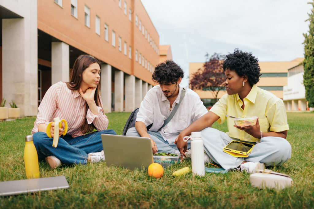 University students sat on the grass outside the university. They are studying on laptops and also eating fruit and other healthy snacks