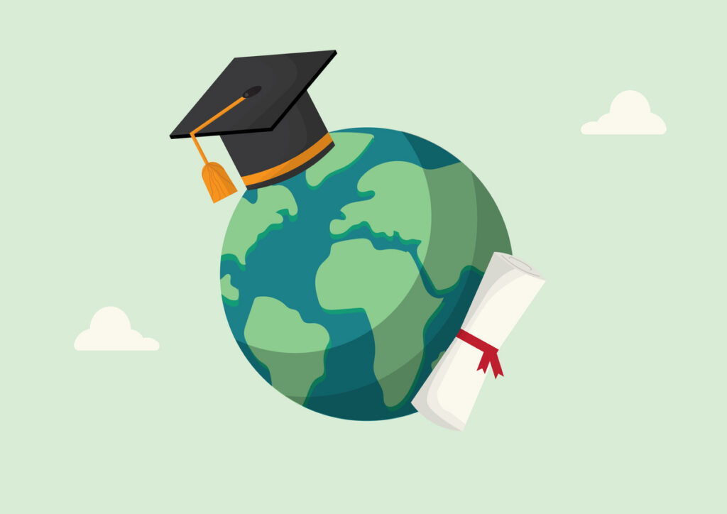 A graphic of planet earth wearing a Graduation Cap and carrying a scroll.