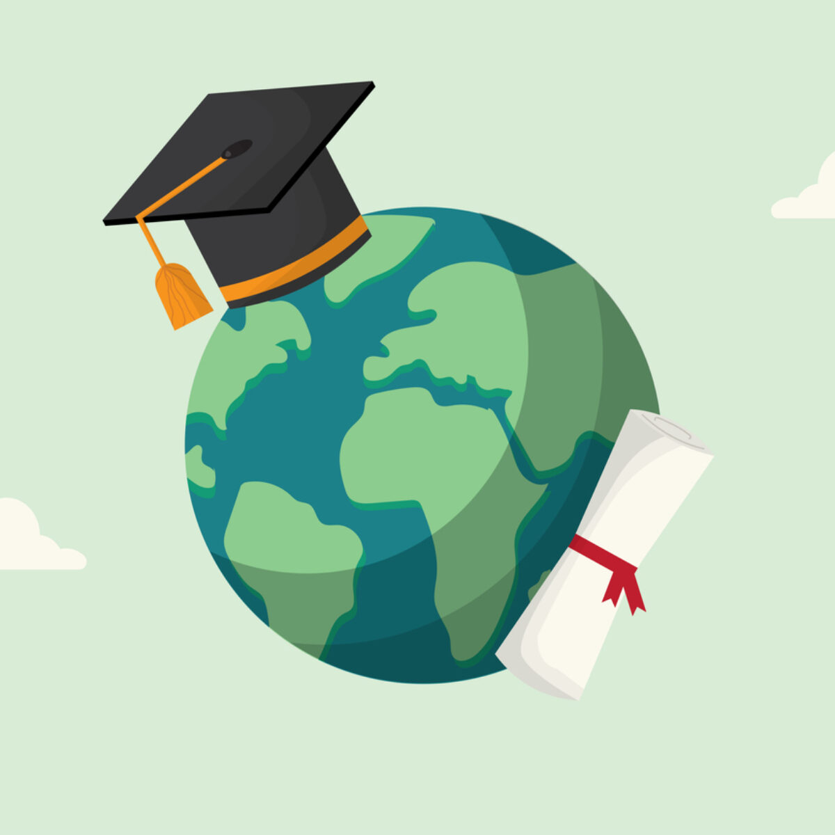 A graphic of planet earth wearing a Graduation Cap and carrying a scroll.