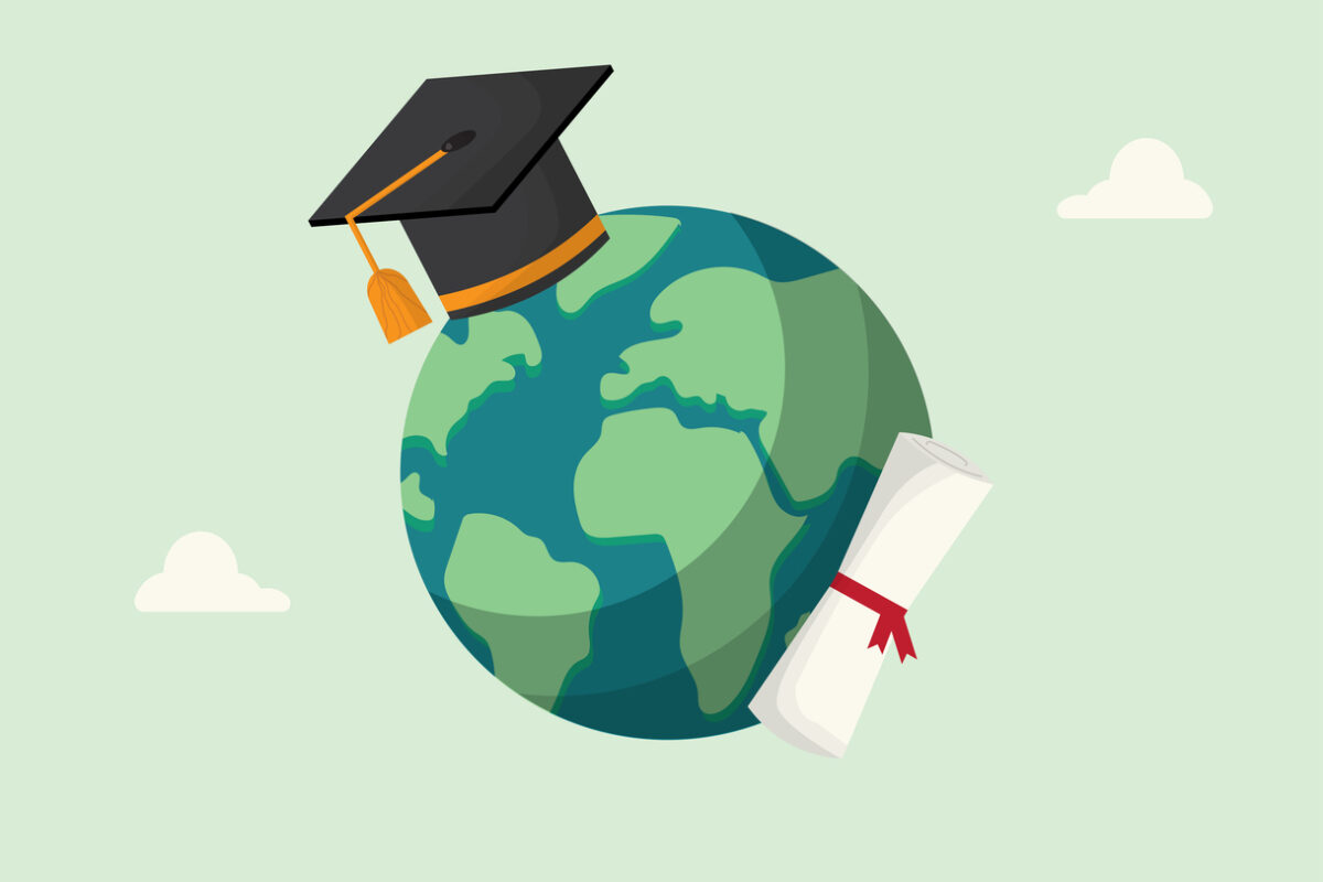 A graphic of planet earth wearing a Graduation Cap and carrying a scroll.