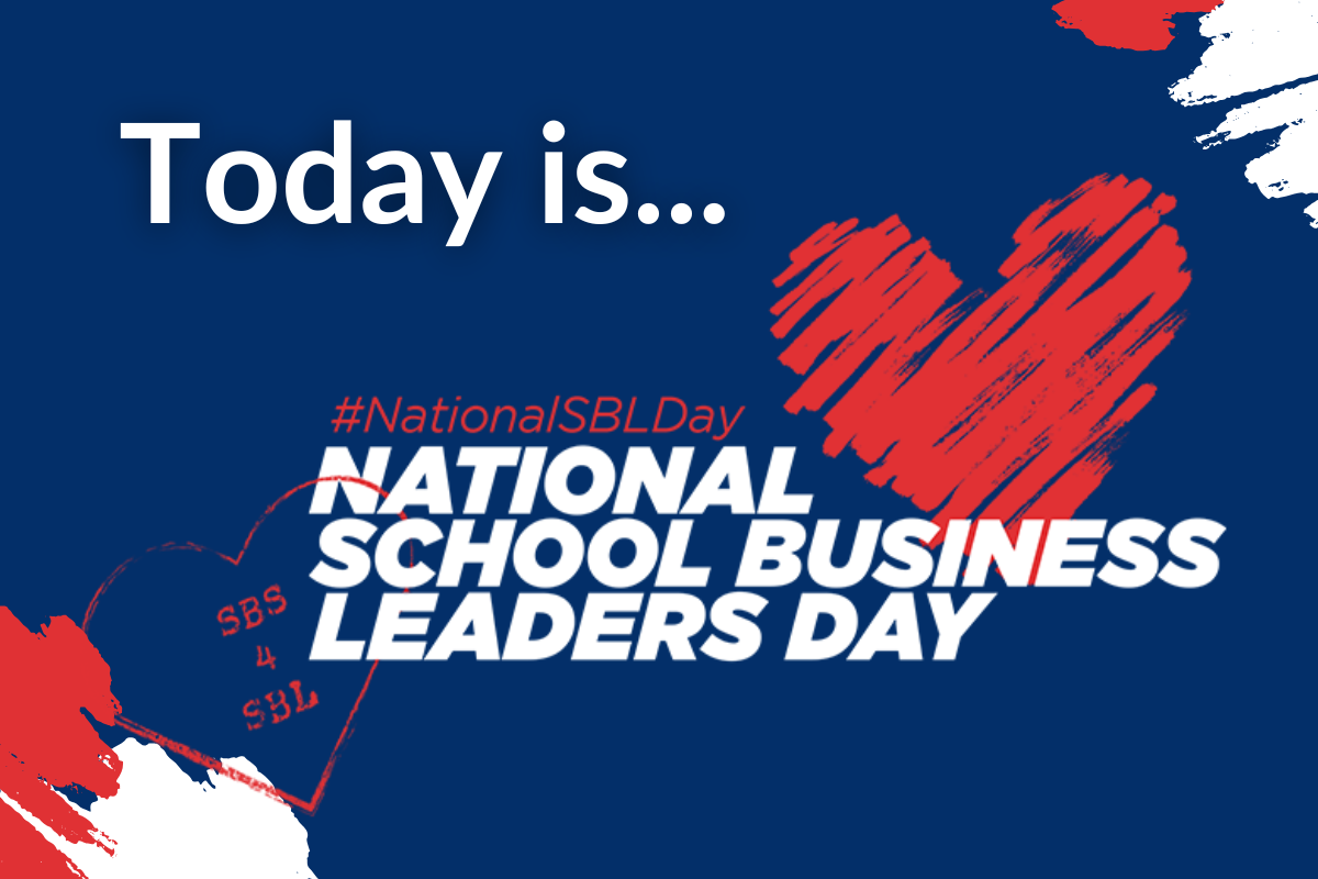 A graphic saying Today is school business leaders day on a navy background with red and white hearts