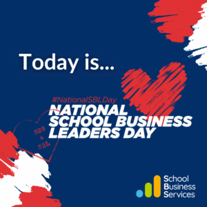 A graphic saying Today is school business leaders day on a navy background with red and white hearts