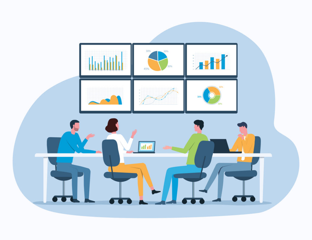 graphic of 4 people sat at a bank of desks looking at 6 screens to analyse chart and benchmarck figures.