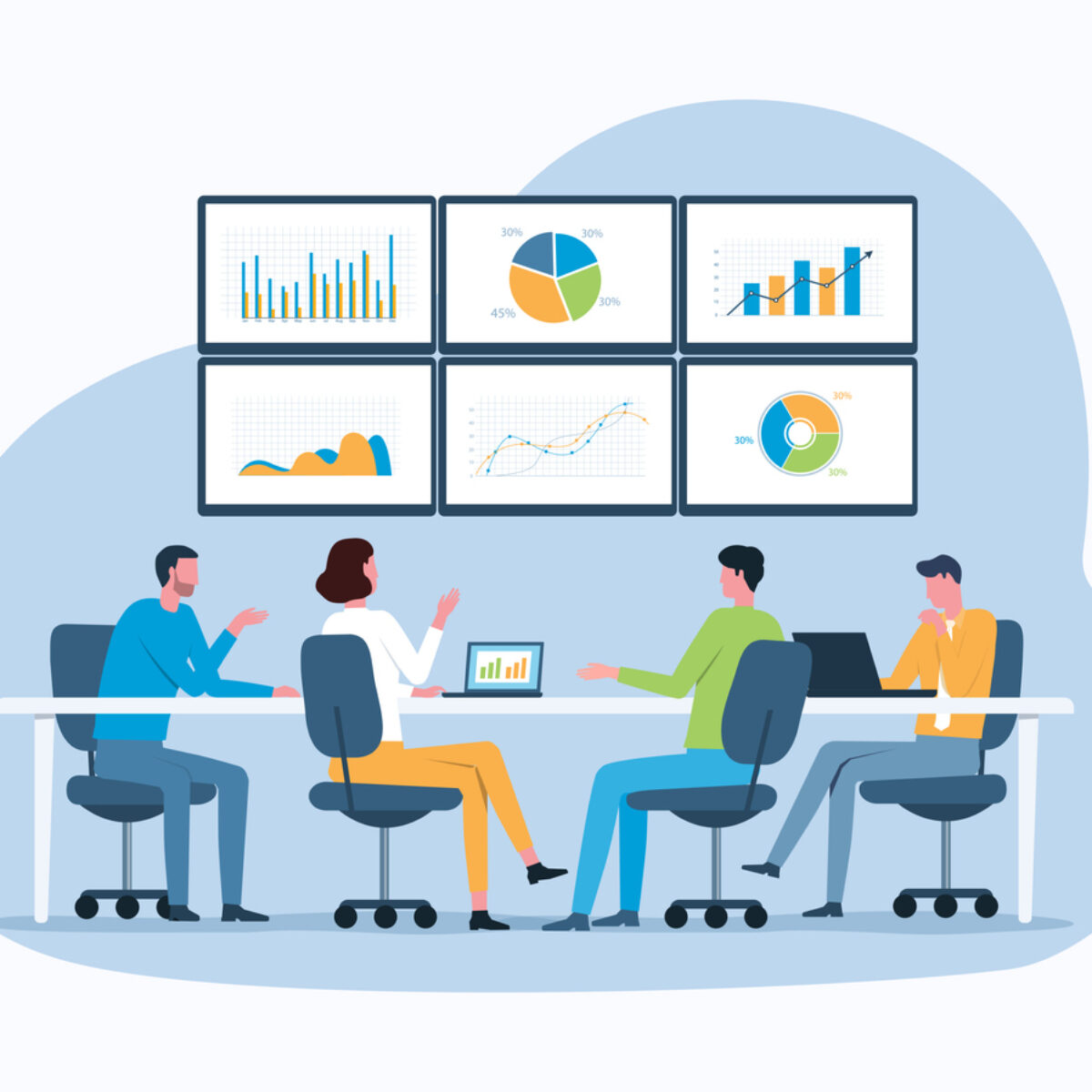graphic of 4 people sat at a bank of desks looking at 6 screens to analyse chart and benchmarck figures.