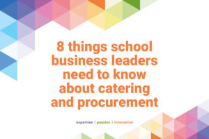 Graphic in Litmus Partnership colours with the text reading "8 things school business leaders need to know about catering and procurement"