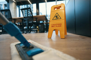 Wet floor cleaners sign in yellow on a wooden floor in an office